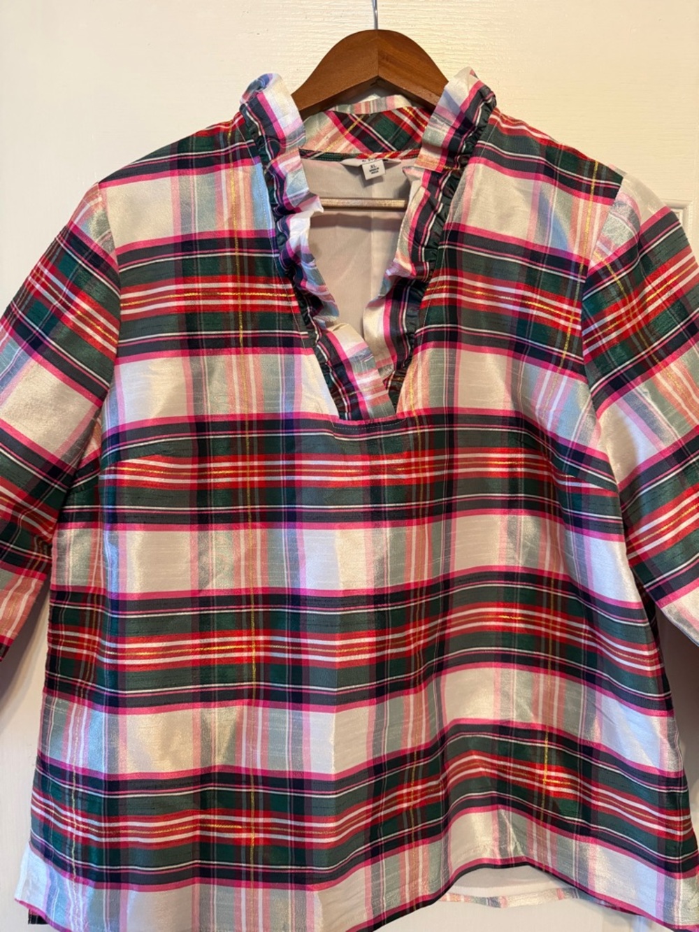 crown & ivy Pink, Green & White Plaid Ruffle V-Neck Top